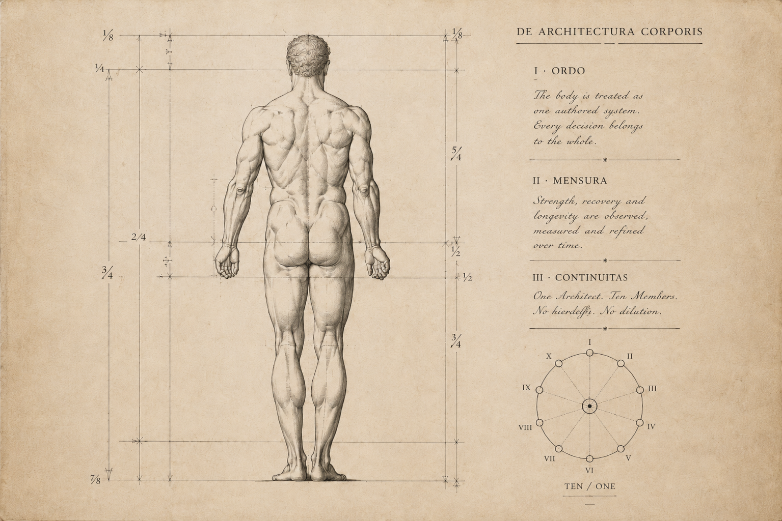 A treatise page titled De Architectura Corporis, showing an anatomical figure with proportional measurements, three clauses (Ordo, Mensura, Continuitas), and a ten-point circle captioned Ten over One.